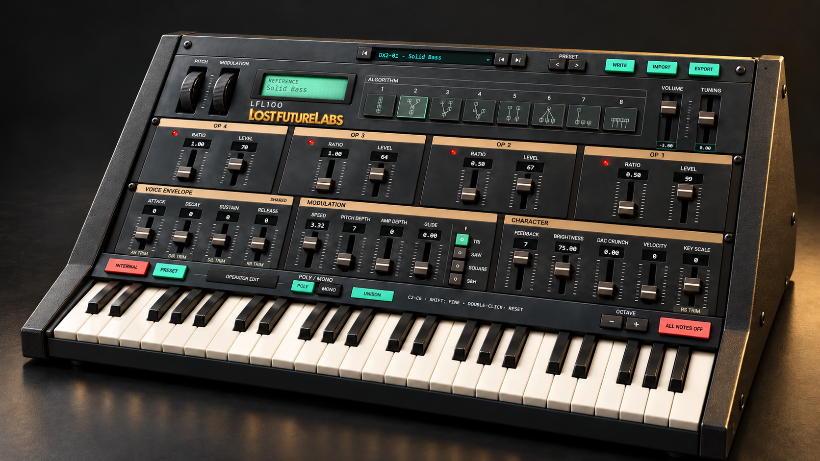LFL100 hardware-style concept render, showing a graphite chassis, gold lettering, faders, pitch wheels and dimensional keyboard